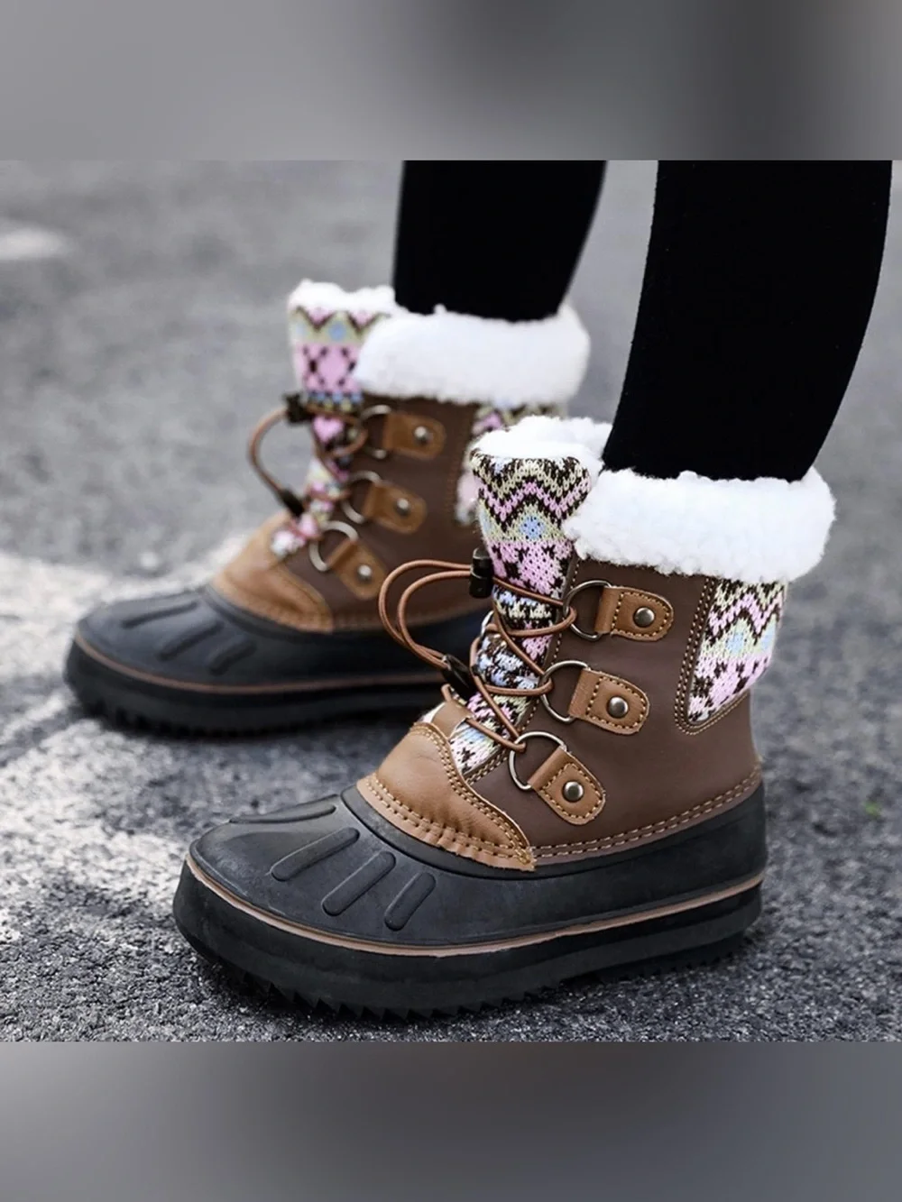 London fog toddler Brown Winter Duck Boots with Pink Knit Cuff and Faux-Fur Trim